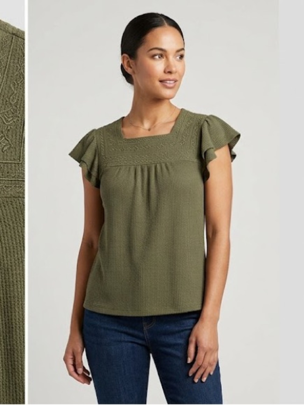 New York Laundry Olive Green Knit Square Yoke Flutter Sleeve Top